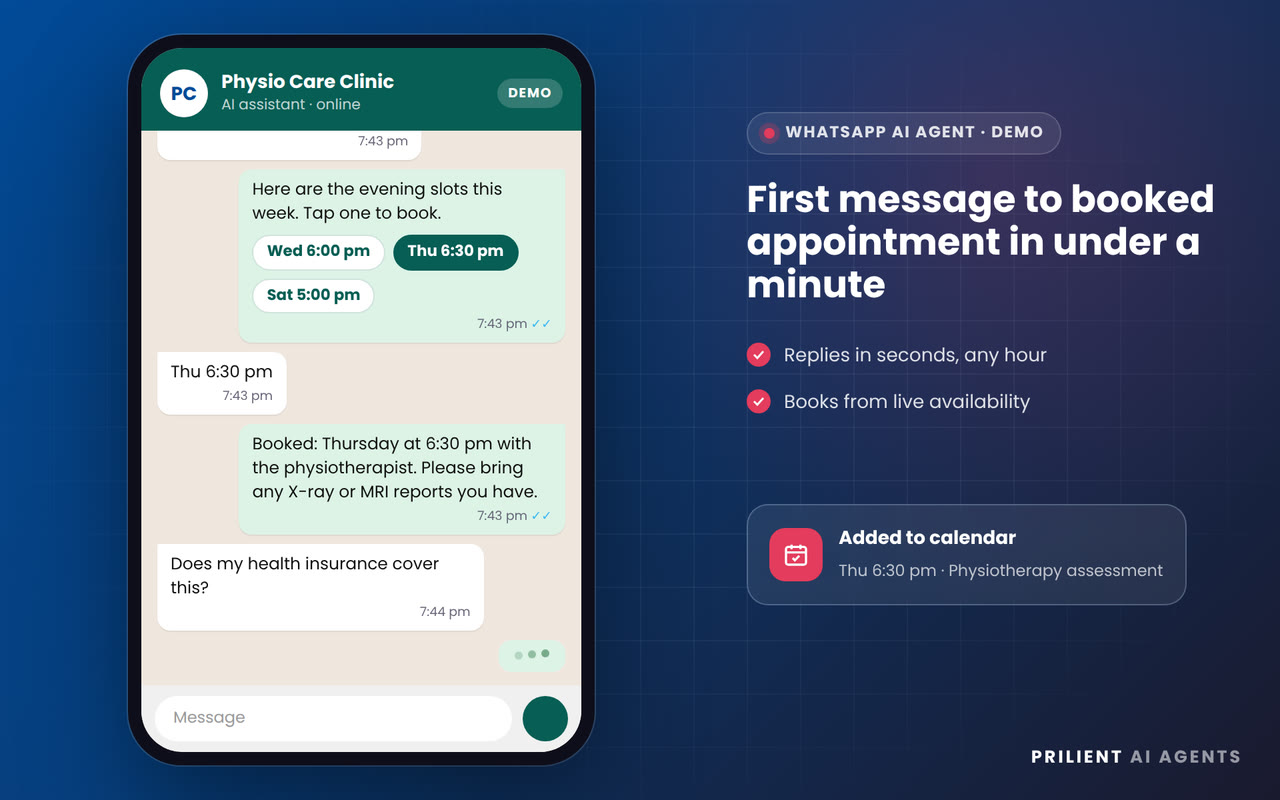 Demo: a WhatsApp agent books a physiotherapy slot, hands the insurance question to a person, and saves the booking to the calendar and CRM